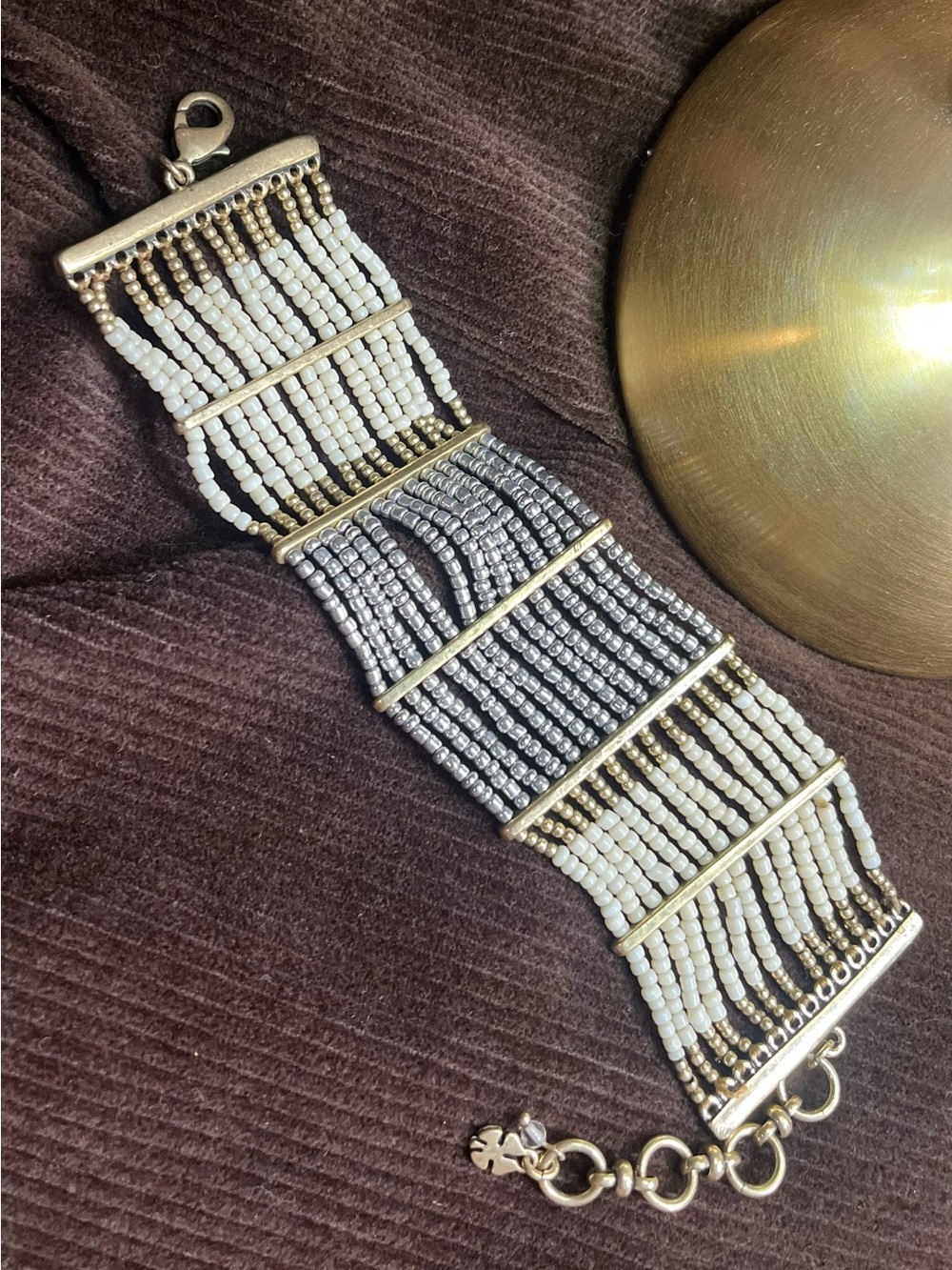 Lucky Brand White, Silver & Gold Beaded Fringe Bracelet Southwestern Boho-Chic
